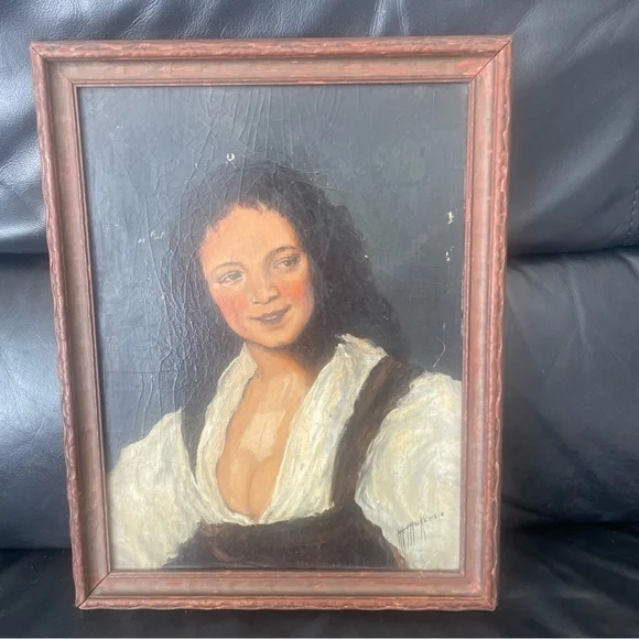 Reproduction Painting Portrait Gypsy Woman Bohemian Artist Signed VTG Framed